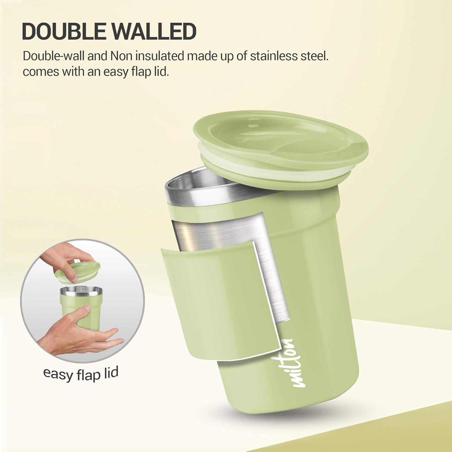 MILTON Cool Touch Deccan 350 Stainless Steel Mug with Lid, 330 ml, Aqua Green - Perfect for Coffee, Tea, and Travel