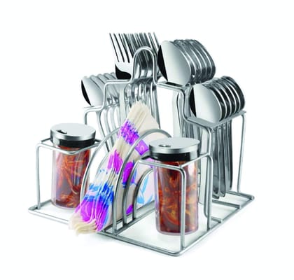 POGON Passion Stainless Steel Cutlery Set with Salt & Pepper Dispenser and Napkin Stand, Set of 27, Silver