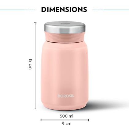 Borosil CarryMate 500ml Stainless Steel Jar with Lid | 12 hrs Hot & 13 hrs Cold | Double Wall Vacuum Insulated Food & Soup Flask