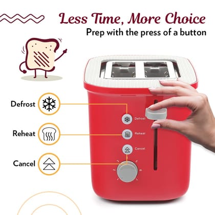 Borosil Electric Pop-Up Toaster with 2 Slice Capacity, 7 Shade Settings, and Removable Crumb Tray - Red