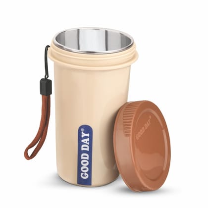 Good Day Easy Meal Tumbler with Strap & Inner Steel Glass, Reusable Travel Mug,Perfect for Coffee, Tea, and Juices (Brown)