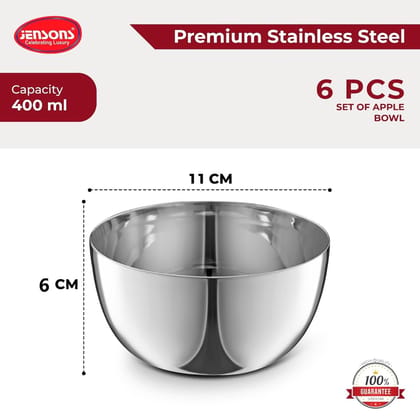 JENSONS Premium Stainless Steel 11cm Curry Bowl 400ml | Dal Bowl | Wati Set of 6