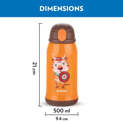 Borosil Tigry 500 ml Stainless Steel Kids Sipper Water Bottle | Double Wall Vacuum Insulated Flask | 12 Hours Hot & Cold | 1 Year Warranty, Orange