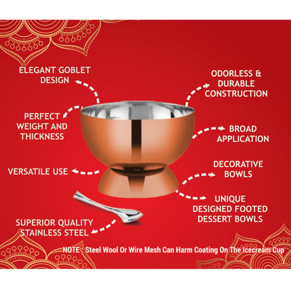 POGON Nexus Ice Cream Bowl with Designer Spoon, Dessert Serving Bowl Pack of 4, 100ml, Rose Gold