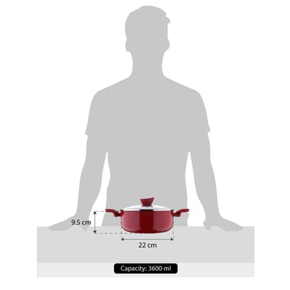 Bergner Bellini Plus 5 Layer Marble Non Stick Casserole with Glass Lid, 22 cm, 3.6 LTR, Induction Base, (PFOA Free), Red