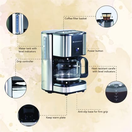 Wonderchef Regalia Brew Coffee Maker 550 W|Stainless Steel Body|700ml Borosilicate Glass Carafe|3-in-1 Filter Coffee, Espresso, Cappuccino|7 Cups Coffee| Black & Silver|2 Year Warranty