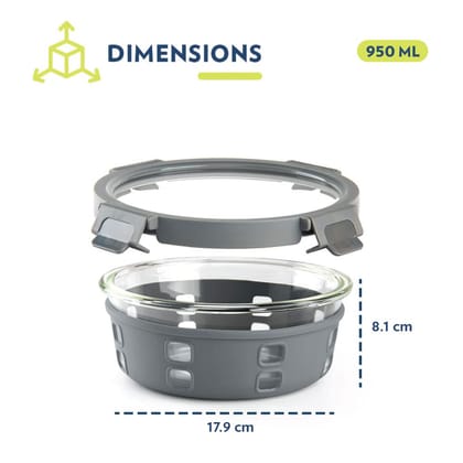 Borosil Klip N Store Plus 950 ml Round Glass Food Storage Container with Air Tight Glass Lid | Transparent