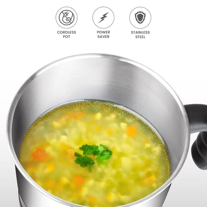 Milton Kitchen Essential Euroline Go Electro Electric Cooker With Glass Lid, 600 Watt, 1.2 Litres, Multi-Purpose Kettle Cum Steamer for Instant Noodles, Eggs, Cordless Pot