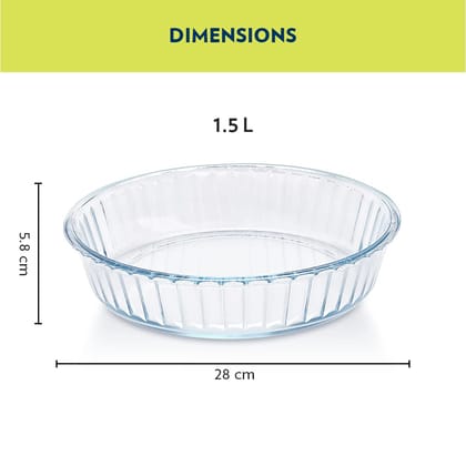 Borosil 1.5 L Baking & Serving Round Shape Fluted Dish | Borosilicate Glass Bakeware and Serveware Tray | Microwave, Oven & Dishwasher Safe Bowl | Transparent