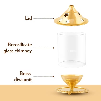 Borosil Borosilicate Glass Akhand Diya (Medium, Brass)