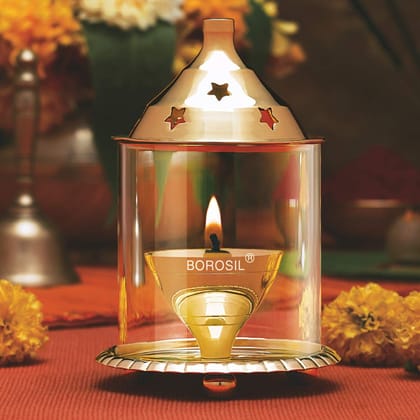 Borosil Borosilicate Brass Glass Akhand Diya (Large, Brass)