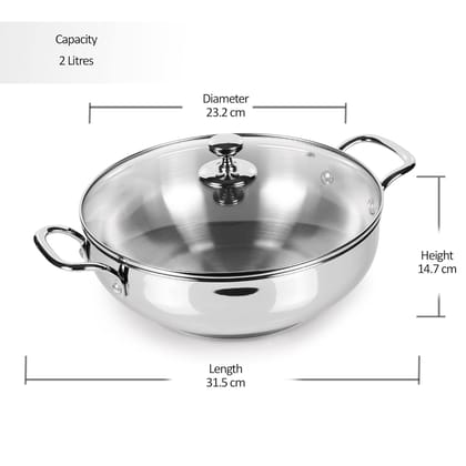 MILTON Pro cook Stainless Steel Kadhai with Glass Lid, 22 cm / 2 litres, Sandwich Bottom Cookware, Induction and Gas Stove Friendly Kadai for Cooking, Deep Frying, Stir-Fry, Sauté