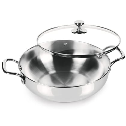 MILTON Pro cook Stainless Steel Kadhai with Glass Lid, 20 cm / 1.68 litres, Sandwich Bottom Cookware, Induction and Gas Stove Friendly Kadai for Cooking, Deep Frying, Stir-Fry, Sauté