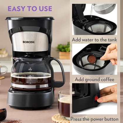 Borosil Brew Pro Drip Coffee Machine with Borosilicate Glass Carafe (600 ml) | 550W Coffeemaker | 6 Cups Capacity | Anti-Drip Function, Auto Shutoff, Keep Warm Plate | 2 Years Warranty | Black