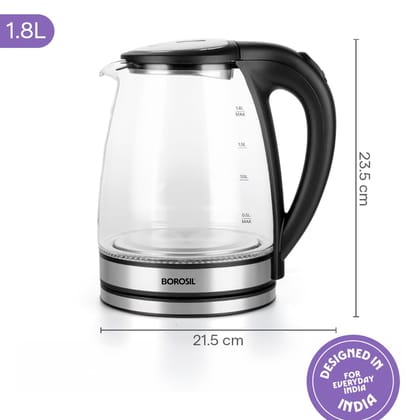 Borosil Crystal 1.8L Electric Glass Kettle | Made in India Borosilicate Glass Body with Blue Backlight | Auto Cut-Off, 360° Base, Spout Filter | Fast Boil | Cord Winder | 1-Year Warranty