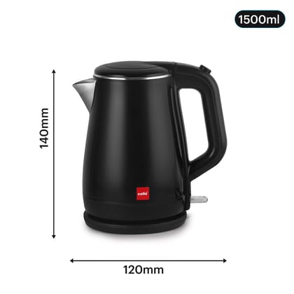 CELLO Quick Boil 1000 Electric Kettle 1.5 Liters, 1350 Watts Black | Premium Stainless Steel, Double Wall Cool Touch Outer Body, Auto-Shut Off Protection | Electric Kettle For Boiling Hot Water