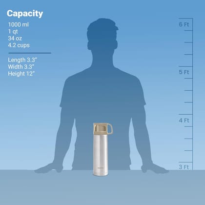 Milton Glassy 1000 Thermosteel Vacuum Insulated Double Walled Flask with Drinking Cup lid & Jacket, 1000 ml Water Bottles,24 Hours Hot & Cold,Easy to Carry,Rust Proof, Tea, Coffee,Travel Bottle,Grey