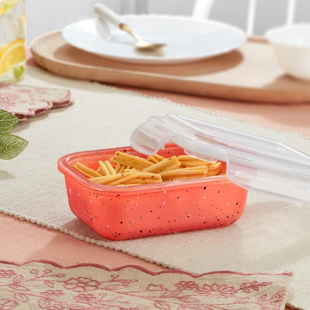 Borosil 370 ml Kube Pink Food Storage Container with Air Tight Lid | Rectangle Shape Borosilicate Glass Organiser | Microwave & Dishwasher Safe | For Fridge, Kitchen Storage