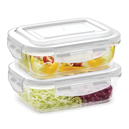Borosil Klip-N-Store Rectangular Containers With Lid, 1040Ml Set_Of_2, Glass,Transparent
