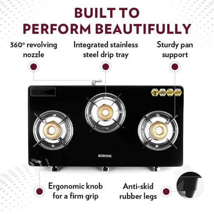 Borosil Magnum Gas Stove (Made in India) | 6 mm Toughened Borosilicate Glass Top | ISI Certified LPG Gas Stove | 360⁰ Revolving nozzle | High Effeciency Burner | 2 Years Warranty (3 Burner)