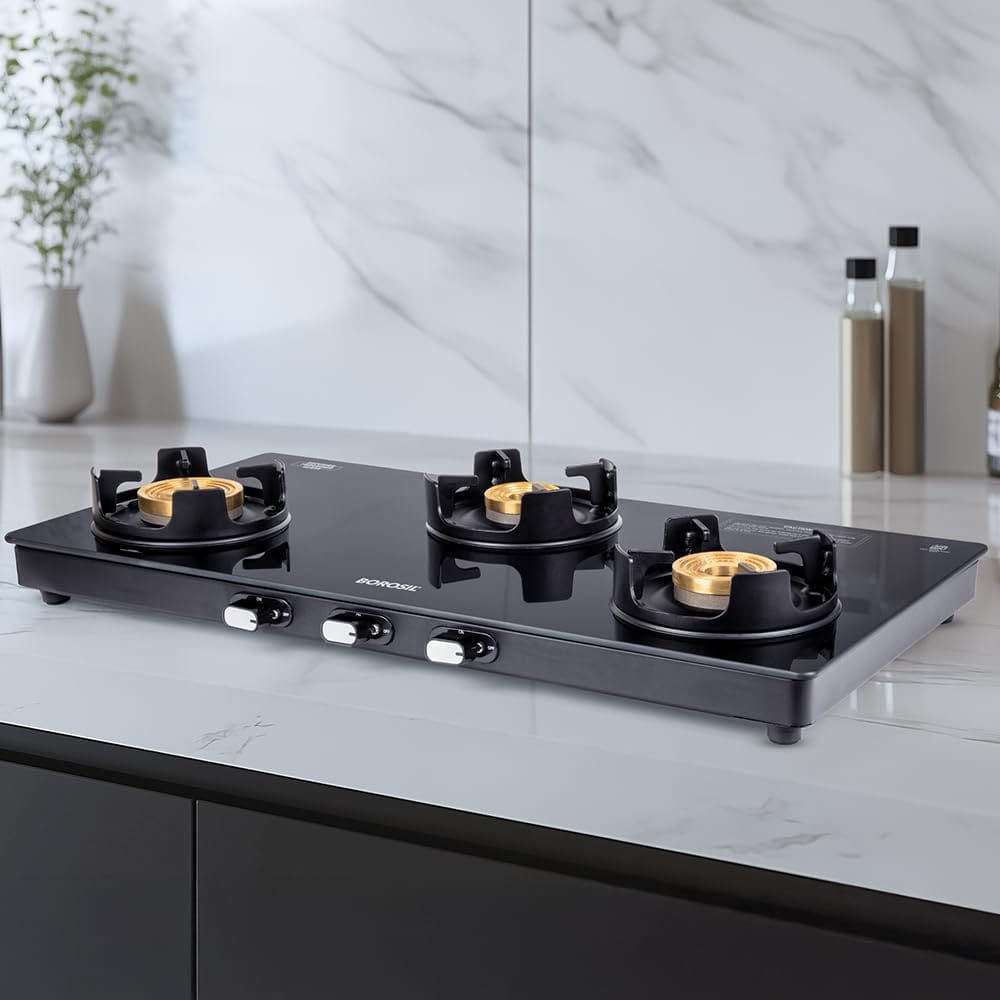 Borosil Flamestar 3 Brass Burner Gas Stove | LPG Gas Stove | Manual Ignition | Dip Tray, Anti Skid Legs | 360? Revolving Nozzle | High Effeciency Burner | 2 Years Warranty (Flamestar)