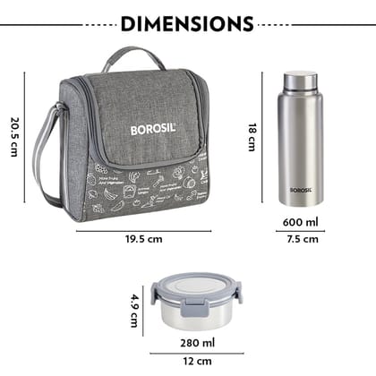 Borosil Slate Stainless Steel Lunch Box with Bag | 3 Container (280ml Each) + 1 Bottle (600 ml) | Single Wall Lunch Box with Food Grade Steel | Leakproof & Dishwasher Safe | 1 Year Warranty | Grey