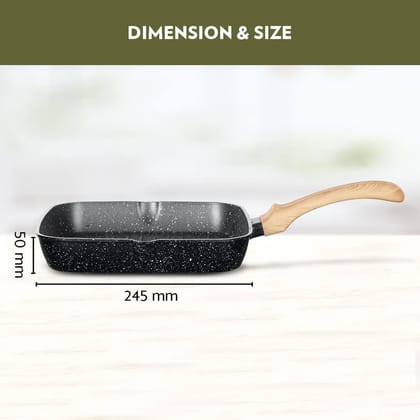 Borosil Vajra Die-Cast Non-Stick Aluminium Square Grill Fry Pan, Frying Pan with Ridges, Black with Wood-Finish Handles, 240 mm Wide, 5 mm Thick