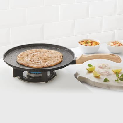 Borosil Vajra Die-Cast Non-Stick Aluminium Dosa Tawa, Black with Wood-Finish Handles, 280 mm Wide, 5 mm Thick