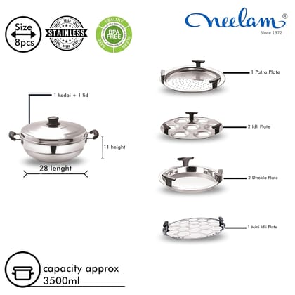 Neelam Stainless Steel Multi Kadai Big Induction Base 3500 ml, Silver | Versatile Cooking Set Including 1 Multi Kadai, 2 Dhokla Plates, 1 Patra Plate, 2 Idli Dishes, 1 Lid | Perfect for Daily Use.