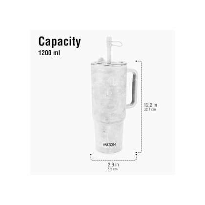 MILTON Puris 1200 Plastic Water Tumbler | 2-in1 Lid Sip or Gulp | Crystal Clear BPA Free-Food Grade | Sturdy Handle | Large Travel Mug for Gym, Office & Outdoor Use, 1200 ml, White