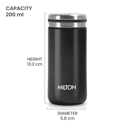 Milton Shiny 200 Thermosteel Water Bottle 190 ml, 24 Hr Hot and Cold I Leak Proof Lid, ISI Certified I Vacuum Insulated I for Office, Gym, School I Black