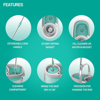 Spotzero by Milton Prime Stainless Steel Wringer Spin Mop with Big Wheel, Puller Handle, Bucket Floor Cleaning and Mopping System 360° Flexible,2 Microfiber Refills, Big Size, Aqua Green