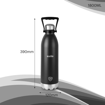 Cello Swift Thermosteel Water Bottle, 1800ml, Black | 24 Hours Hot & Cold | Scratch Resistant (DTP Coating) | Rust & Leak Proof | Ideal for Office, Gym, Home, Kitchen, Hiking, Trekking, Travel Bottle
