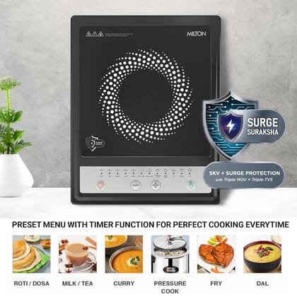 Milton Elio 14.0 Portable Induction Cooktop | 5KV Surge Protection I Anti Skid Legs & Preset Menu Functions | 1400 W Push Button | Fast Cooking | 3-Year Warranty