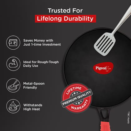 Pigeon Imperi Cast Iron Dosa/Roti Concave Tawa 28cm, Free Silicone Grip, Pre-Seasoned,100% Toxin-Free Tava, Naturally Nonstick Healthy Cookware, Makes Food Tastier, Strong & Durable, Gas & Induction