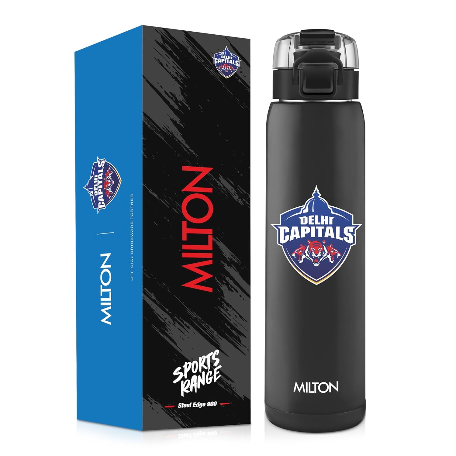 Milton Sports Steel Edge 900 | DC Official Drinkware Partner I Limited Edition Delhi Capitals Water Bottle | PU Insulated Sipper with Twin Lid | Designed for Cricket Lovers I 600 ml | Black