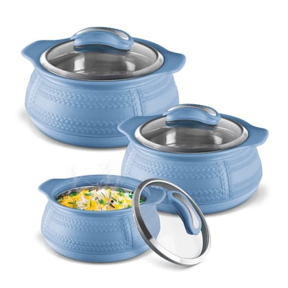MILTON Weave Jr. Insulated Inner Stainless Steel Casserole with Glass Lid,Set of 3, (420 ml, 780 ml, 1.32 litres),Blue | BPA Free |Food Grade | Easy to Carry | Ideal for Chapatti | Roti | Curd Maker
