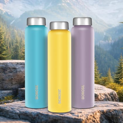 Borosil 1L Apex 3pc Stainless Steel Made in India Water Bottle Set | Leak-Proof, Odour-Free, Powder Coated Bottles | Fridge Safe | Blue, Yellow, Lavender