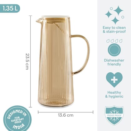 Borosil 1.35 L Breeze Grey Glass Jug with Acacia Wood Lid | Borosilicate Glass Water & Juice Pitcher | Refrigerator Safe | Elegant Serving Jug for Home & Dining
