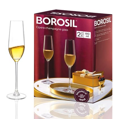 Borosil 190ml x 2pc Opera Champagne Glass Set | Flute for Champagne, Sparkling Wine, Prosecco & Cocktails | Elegant Glassware for Celebrations & Gifting