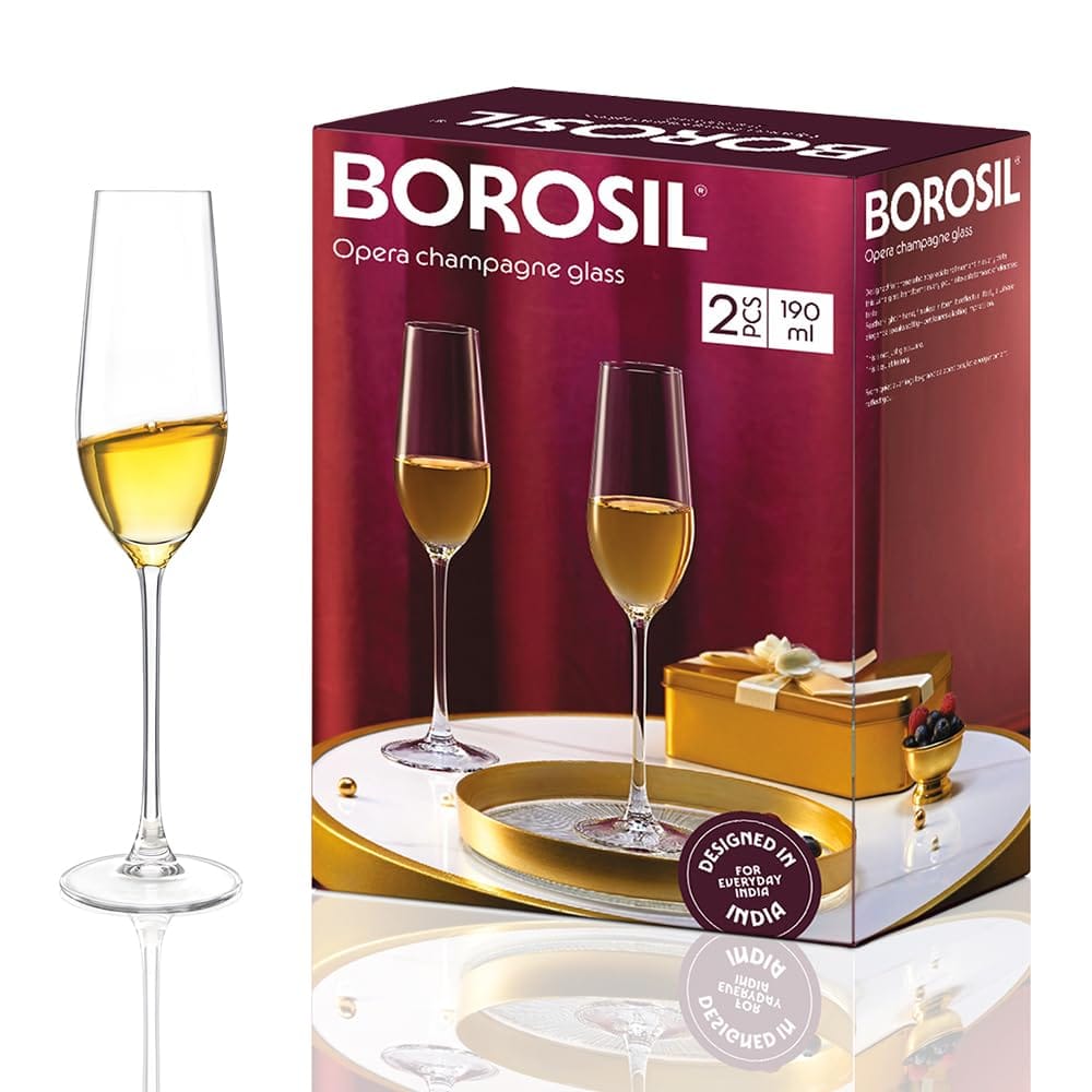 Borosil 190ml x 2pc Opera Champagne Glass Set | Flute for Champagne, Sparkling Wine, Prosecco & Cocktails | Elegant Glassware for Celebrations & Gifting