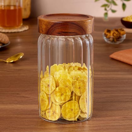 Borosil 1200 ml Linea Glass Jar with Acacia Wood Lid | Borosilicate Glass Storage Jar for Dry Fruits, Spices & Snacks | Airtight Glass Container for Kitchen & Pantry