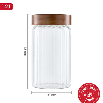 Borosil 1200 ml Linea Glass Jar with Acacia Wood Lid | Borosilicate Glass Storage Jar for Dry Fruits, Spices & Snacks | Airtight Glass Container for Kitchen & Pantry