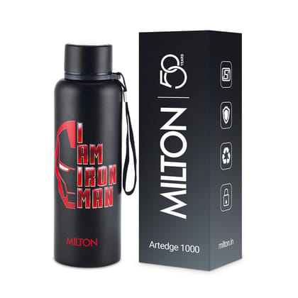 Milton Artedge 1000 Thermosteel ISI Certified Water Bottle, 1000 ml Stainless Steel, 24 Hr Hot and Cold I Leak Proof, Vacuum Insulation, for Office, School, Gym, Black Iron MAN