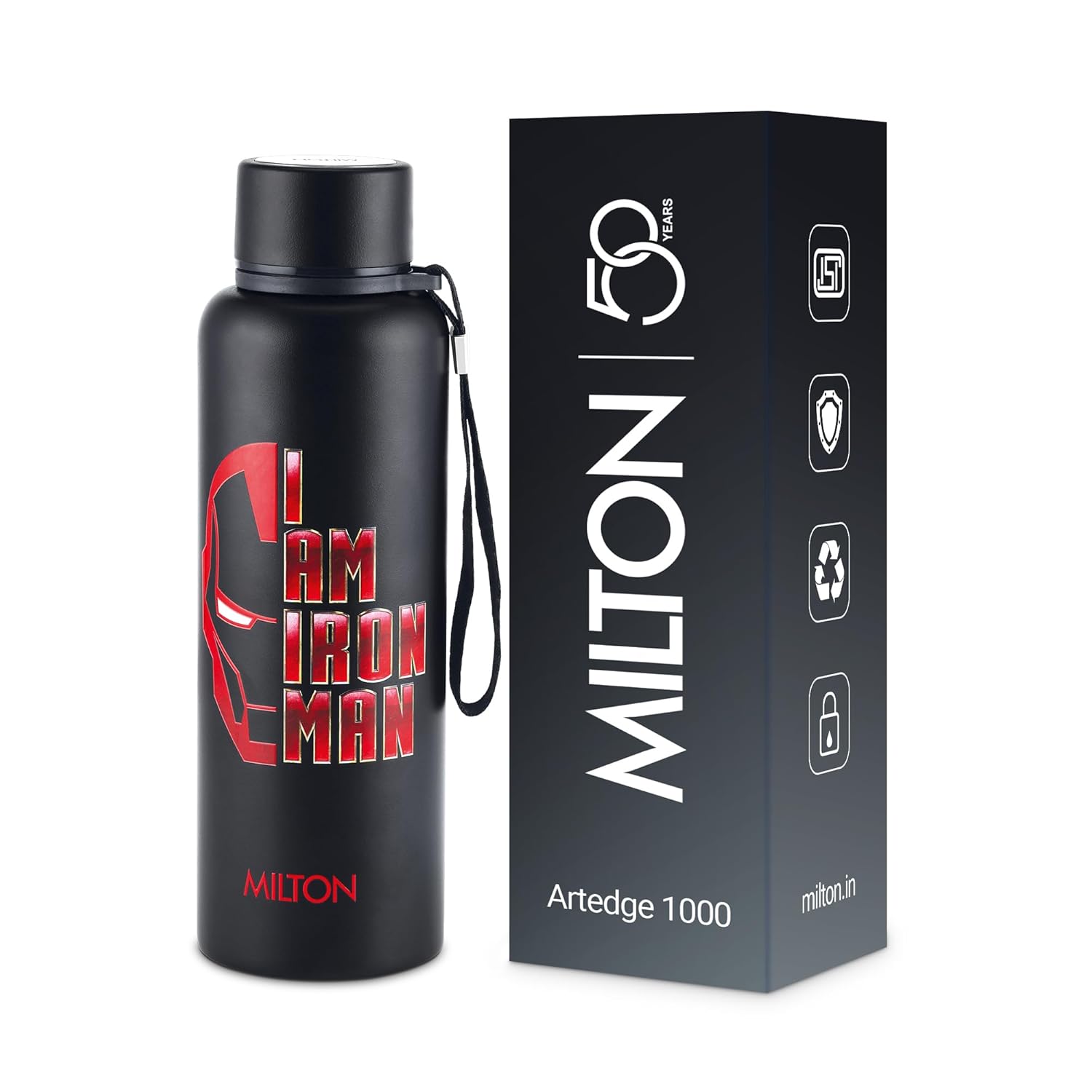 Milton Artedge 1000 Thermosteel ISI Certified Water Bottle, 1000 ml Stainless Steel, 24 Hr Hot and Cold I Leak Proof, Vacuum Insulation, for Office, School, Gym, Black Iron MAN