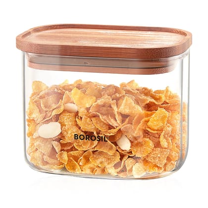 Borosil 600ml Storage Jar Set with Bamboo Lid | Made in India Borosilicate Glass Dishwasher Safe Container for Kitchen | Multipurpose Kitchen Organizer for Cookie & Dals