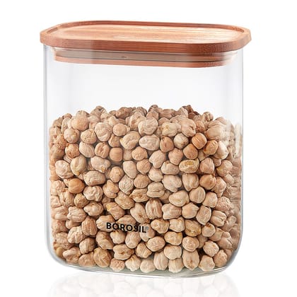Borosil 950ml Storage Jar Set with Bamboo Lid | Made in India Borosilicate Glass Dishwasher Safe Container for Kitchen | Multipurpose Kitchen Organizer for Cookie & Dals