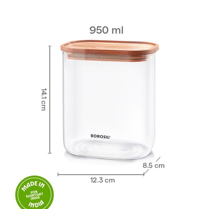 Borosil 950ml Storage Jar Set with Bamboo Lid | Made in India Borosilicate Glass Dishwasher Safe Container for Kitchen | Multipurpose Kitchen Organizer for Cookie & Dals