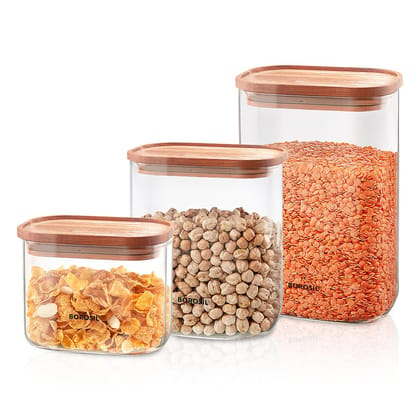 Borosil 3pc Storage Jar Set with Bamboo Lid (600ml + 950ml + 1.3L) | Made in India Borosilicate Glass Dishwasher Safe Container for Kitchen | Multipurpose Kitchen Organizer for Cookie & Dals