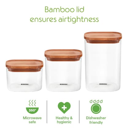 Borosil 3pc Storage Jar Set with Bamboo Lid (600ml + 950ml + 1.3L) | Made in India Borosilicate Glass Dishwasher Safe Container for Kitchen | Multipurpose Kitchen Organizer for Cookie & Dals